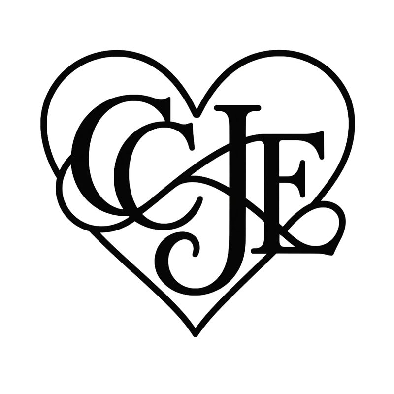 Original artwork: a black-and-white CJF monogram inside a heart, with flowing swashes