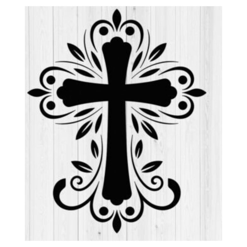 Original artwork: a black cross surrounded by scrolls, leaves and dots